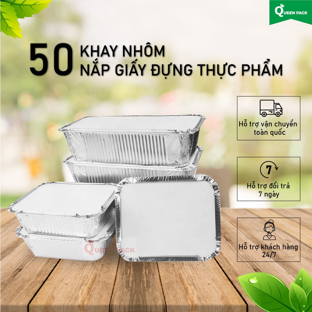 Sỉ 50 Cái Khay Nhôm 1 Ngăn Size 350ml/500ml/750ml/1200ml/2000ml Kèm Nắp Đựng Thực Phẩm Hàng Cao Cấp