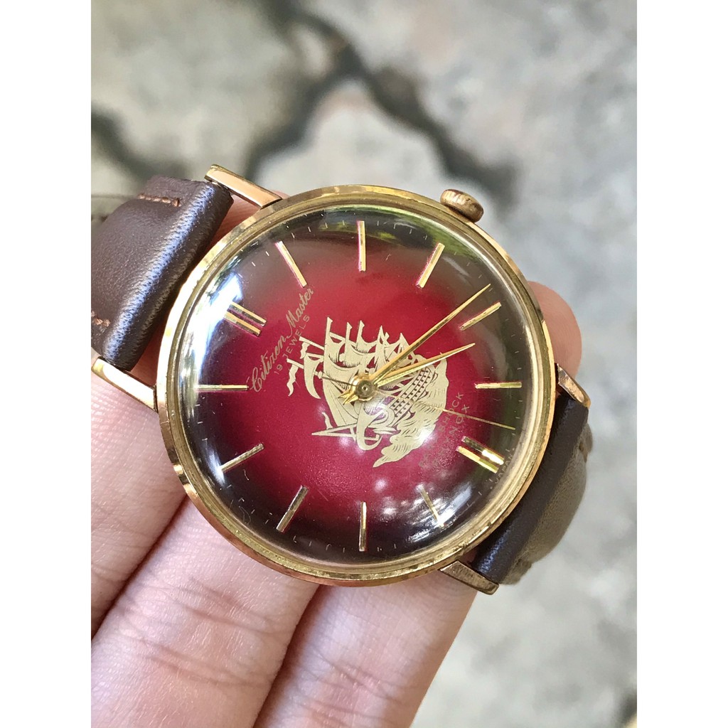 Đồng hồ cơ cổ nam Citizen Master 19 jewels, thiết kế phong thủy, kim số vàng, niềng vàng, dây da