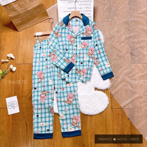 ĐỒ BỘ LỤA MANGO BOO BOO MẪU CARO HOẠT HÌNH DỄ THƯƠNG