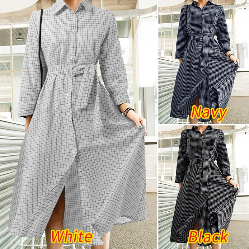 Đầm dài ZANZEA tay dài cổ bẻ họa tiết sọc caro thời trang phong cách Hàn Quốc cho nữ