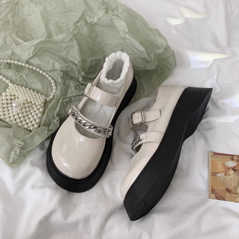 Giày nữ Lolita giày búp bê nữ da bóng phối quai xích cá tính