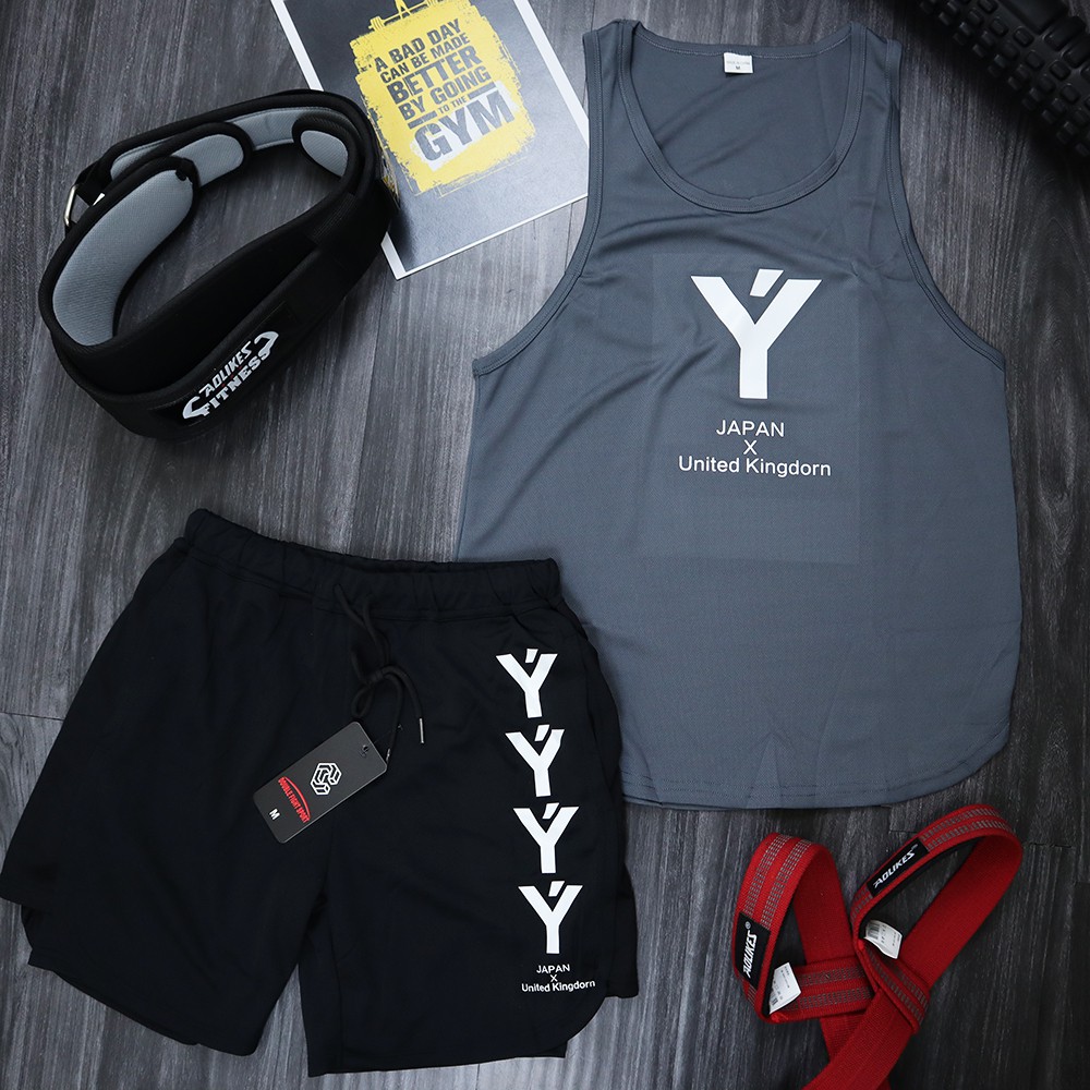Bộ quần áo tập gym nam YT quần short + Áo tank top nam mặc đi tập chất vải thun lưới thoáng mát