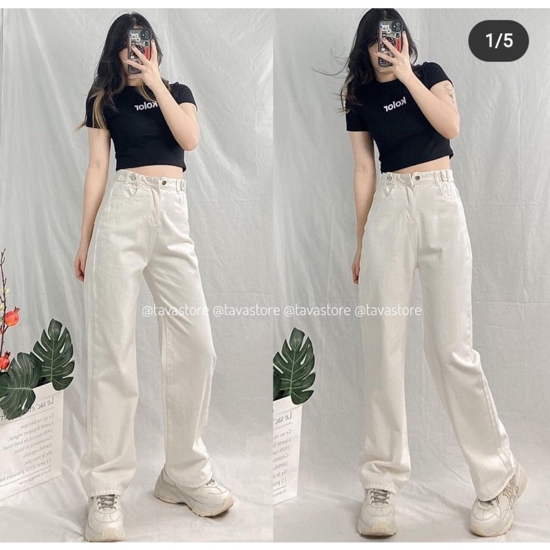 Quần Jean suông đen trắng cúc cài quốc dân (Ảnh thật)