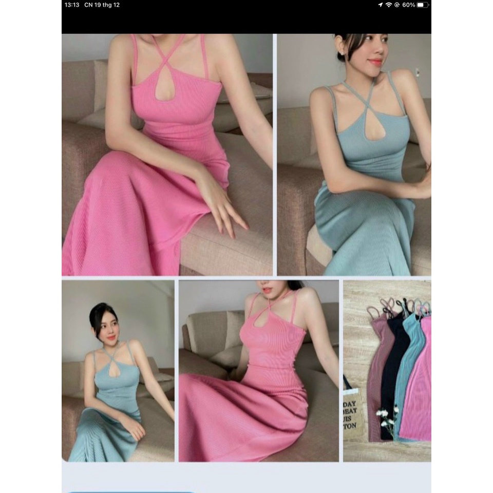 Đầm 2 dây khoét ngực chéo cổ maxi cực xinh , chất thun gân mềm mịn