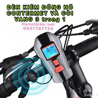 Đèn xe đạp, đèn led xe đạp siêu sáng kiêm còi xe đạp kiêm đồng hồ cong te met  3in1 sạc USB