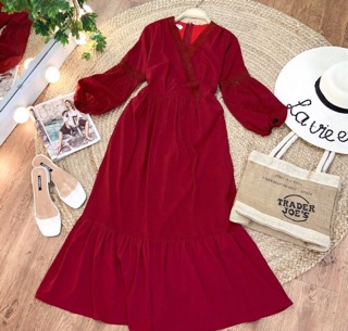 Đầm maxi đỏ phối viền nơ lưng chất lụa cao cấp
