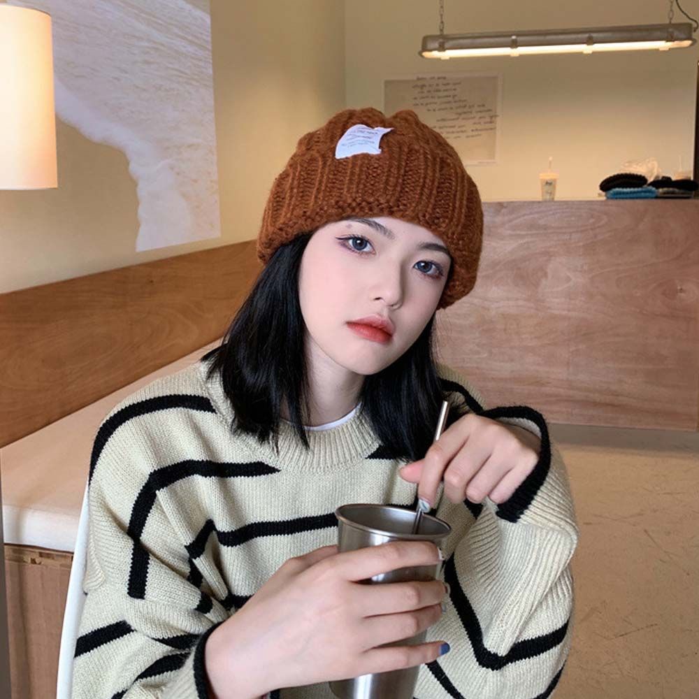Mũ beanie dệt kim màu trơn phối chữ thời trang Hàn Quốc mùa đông dành cho nữ