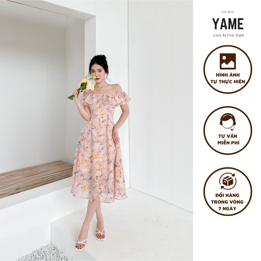 Váy hoa nữ ngắn tay dáng dài trễ vai bèo đính cúc Roise Dress màu hồng chất tơ tằm cao cấp YAME