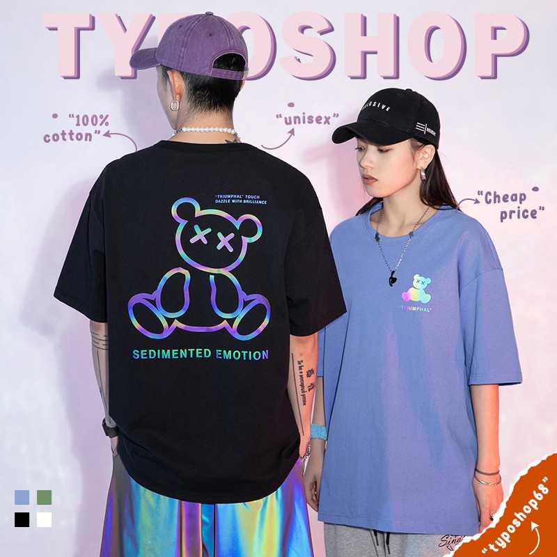 Áo thun unisex - Áo phông tay lỡ, form rộng, dáng unisex, hình in gấu phát quang độc đáo TYPO shop