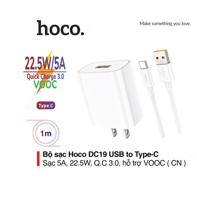 Bộ sạc nhanh 5A/22.5W Hoco DC19 chuôi dẹt kèm dây sạc Type-C dài 1M, QC3.0 , sạc VOOC cho Android