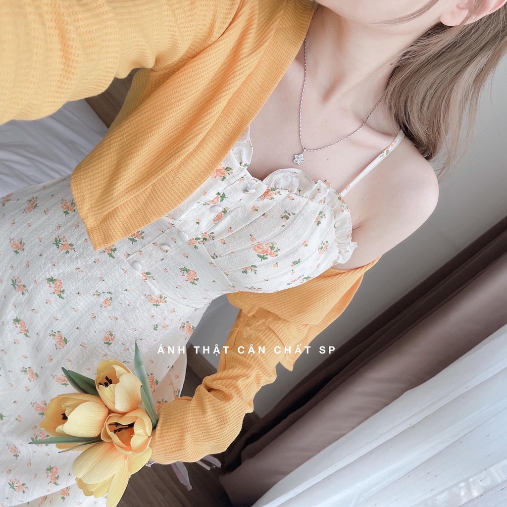 Đầm Hai Dây Hoa  Kết Hợp Áo Khoác Cadigan Len Xốp Cùng Màu HT50 HaLuu Store Thích Hợp Cho Nữ