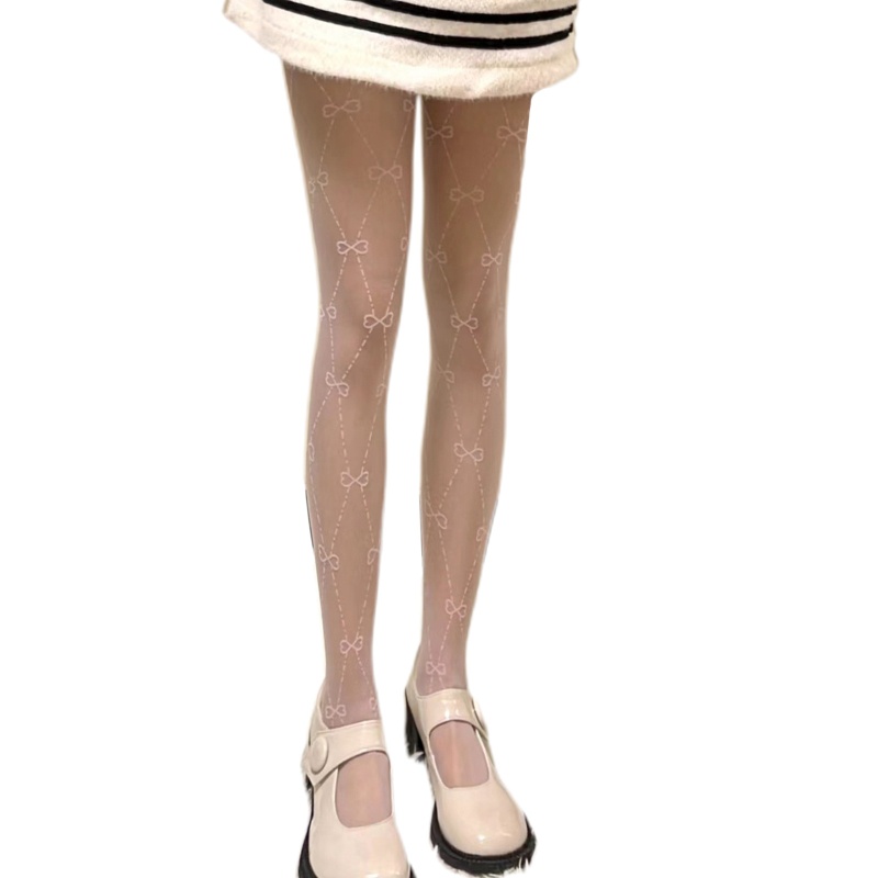 Xiangbao Quần Tất Mỏng Xuyên Thấu Kẻ Sọc Đính Nơ Trái Tim Phong Cách Harajuku Preppy Ngọt Ngào Cho Nữ