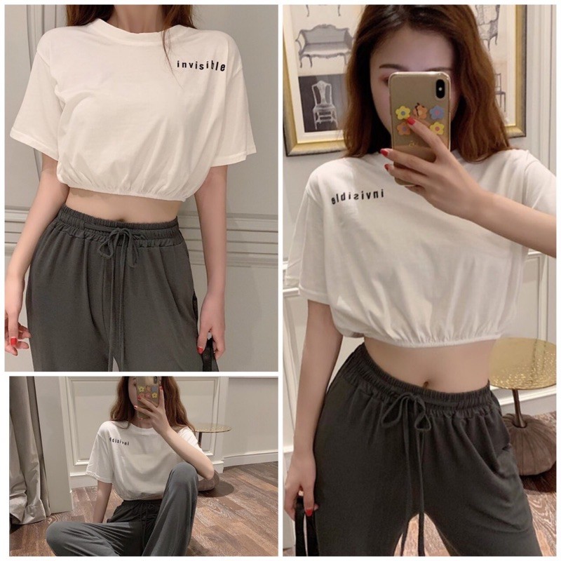 Áo Croptop Trắng Eo Chun Siêu Xinh Họa Tiết INVISIBLE ⚡ Áo Thun Nữ Ngắn Đáng Yêu Cực Dễ Mix Đồ