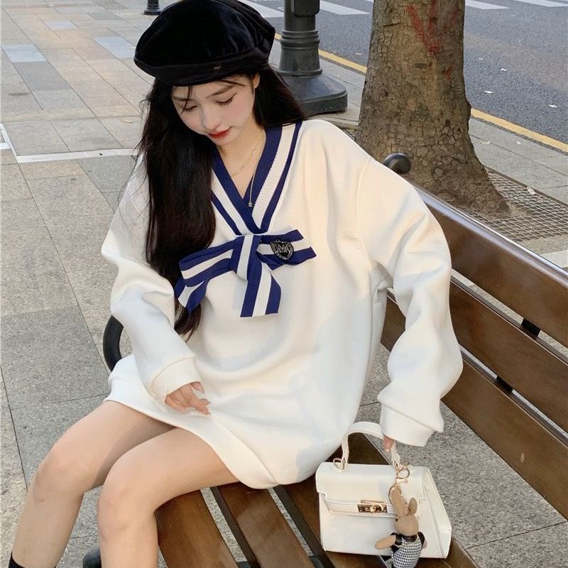 COZOK Áo sweater dáng rộng đính nơ kiểu Hàn Quốc dễ thương