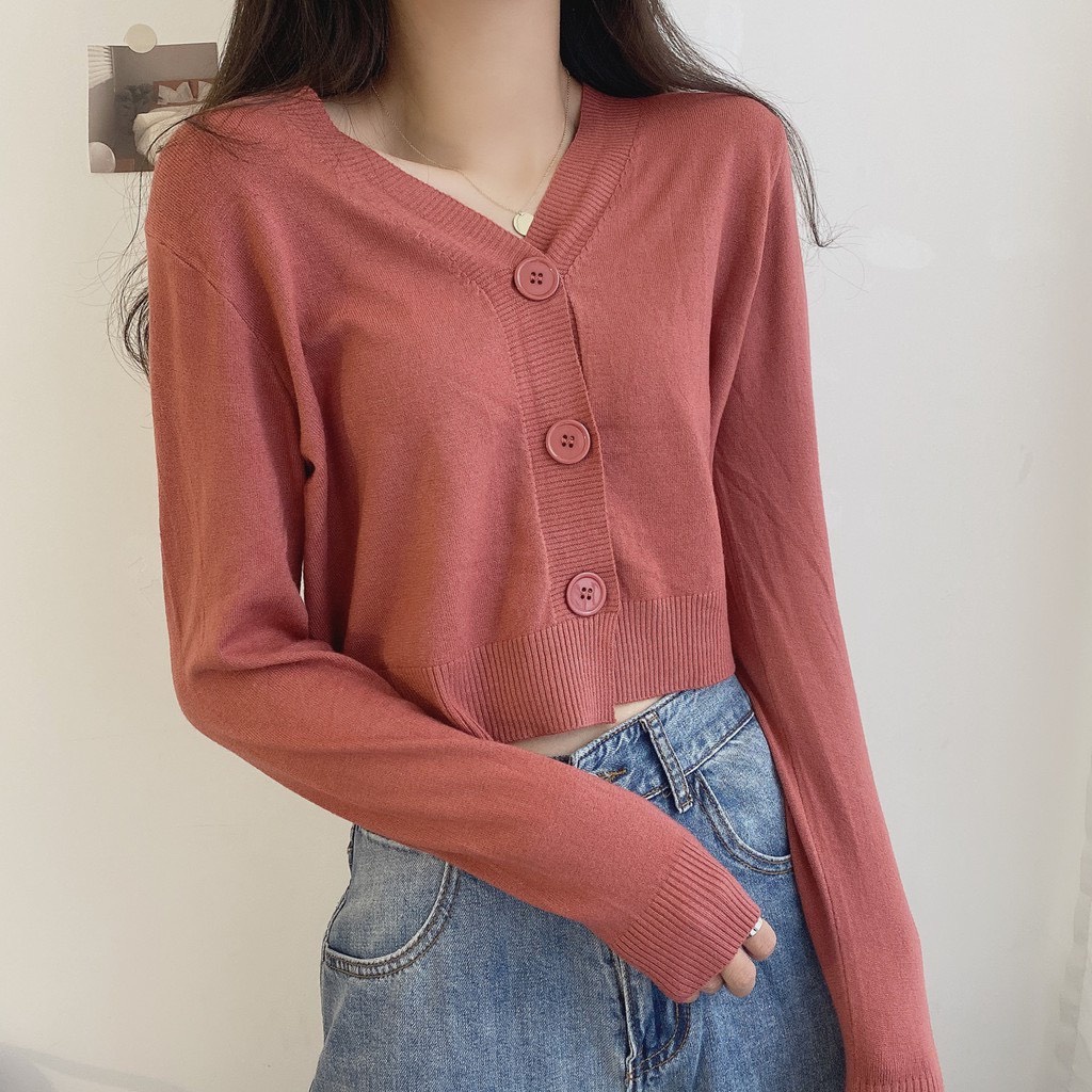 Áo len 3 KHUY TRƠN kiểu dáng crotop trẻ trung, cá tính