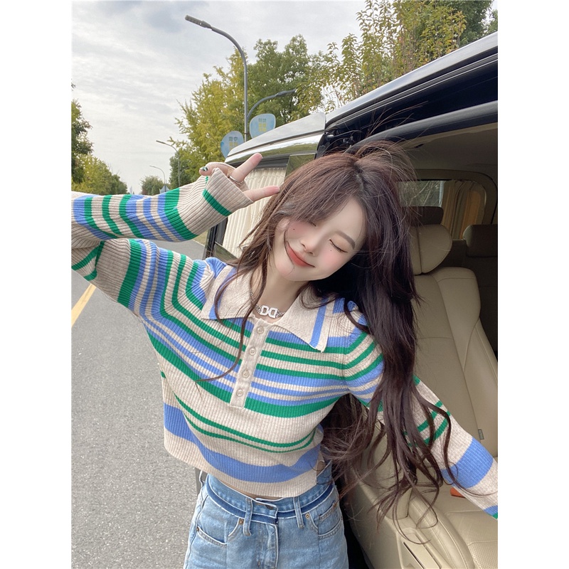 Áo Sweater Dệt Kim Cổ POLO Tay Dài Kẻ Sọc Màu Sắc Thời Trang Mùa Thu Phong Cách Hàn Quốc Cho Nữ