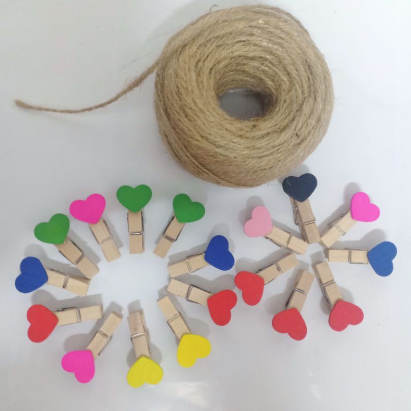 Set 10 kẹp gỗ tim treo ảnh + 2m dây treo