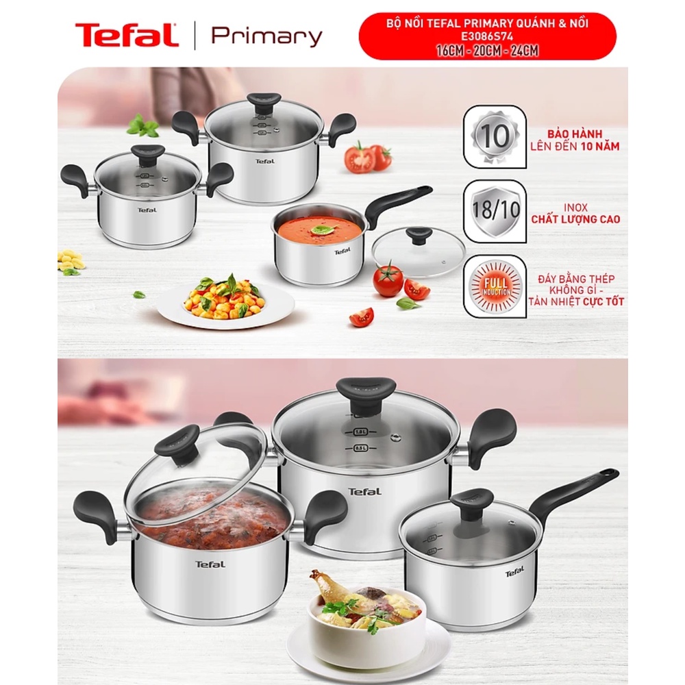 [LIFEMC11BPC -8% đơn 350K] Bộ nồi Tefal Primary 16/20/24cm (quánh 16cm-1.5L, nồi 20cm-3L, nồi 24cm-5.3L)