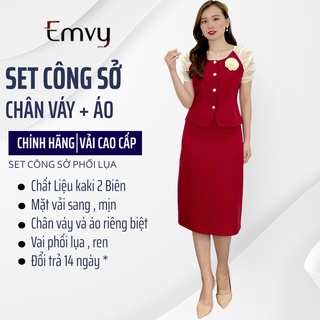 Bộ đồ vest nữ công sở thiết kế họa tiết trơn, phối tay voan lụa , dáng xòe chất 2 biên Emvy S53