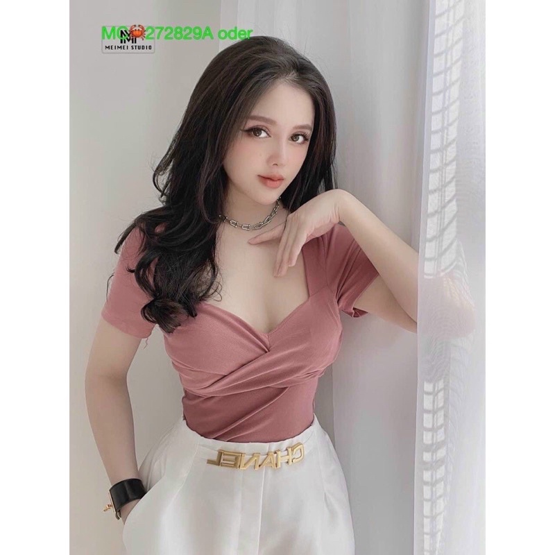 Áo thun croptop body tay ngắn xoắn ngực, áo xoắn ngực cá tính