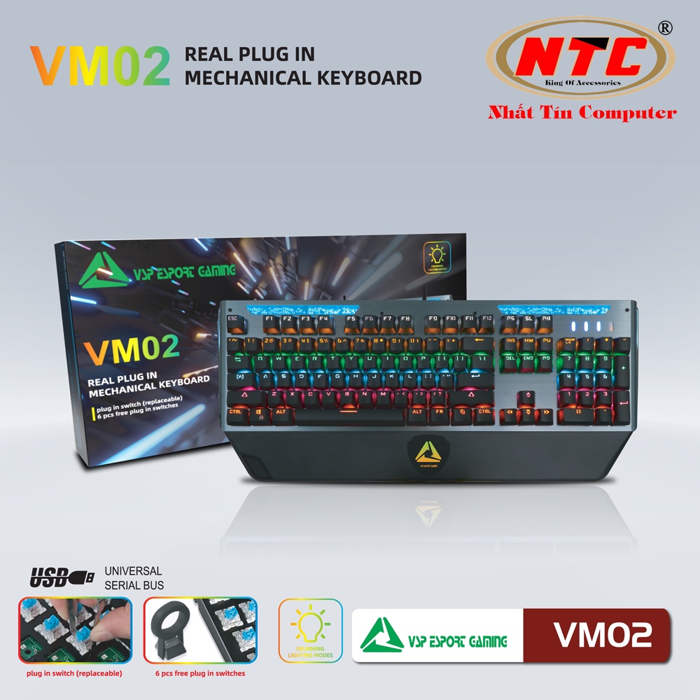 Bàn phím Cơ Gaming VSP Esport VM02 - 9 chế độ Led, Anti Ghost 26 phím (Đen) - Hãng phân phối