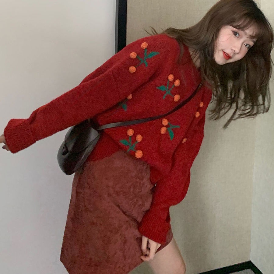 Áo sweater dệt kim cổ tròn họa tiết quả anh đào xinh xắn thời trang trẻ trung ngọt ngào