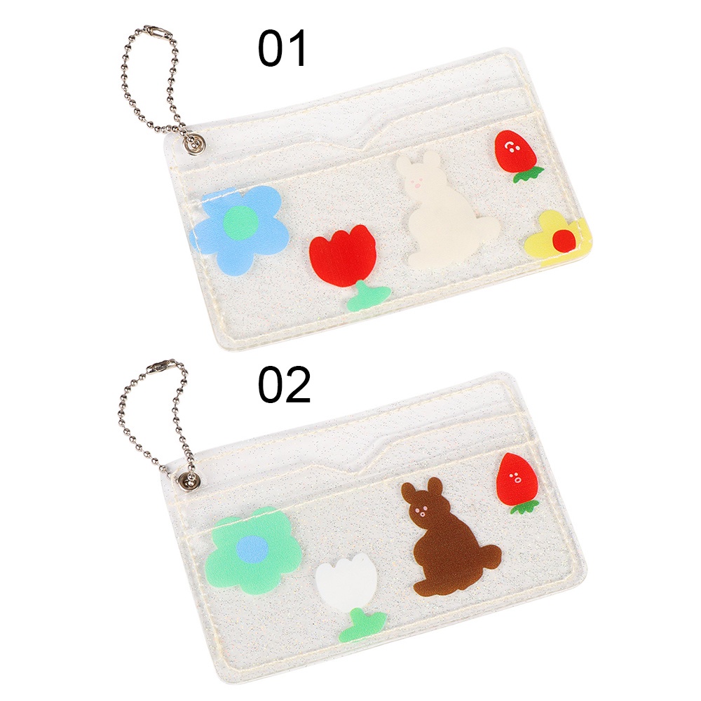 ROSE 2Pcs PVC Card Bag Waterproof Card Case Wallet Bag Cute Transparent Fashion Bear Rabbit Print Flowers