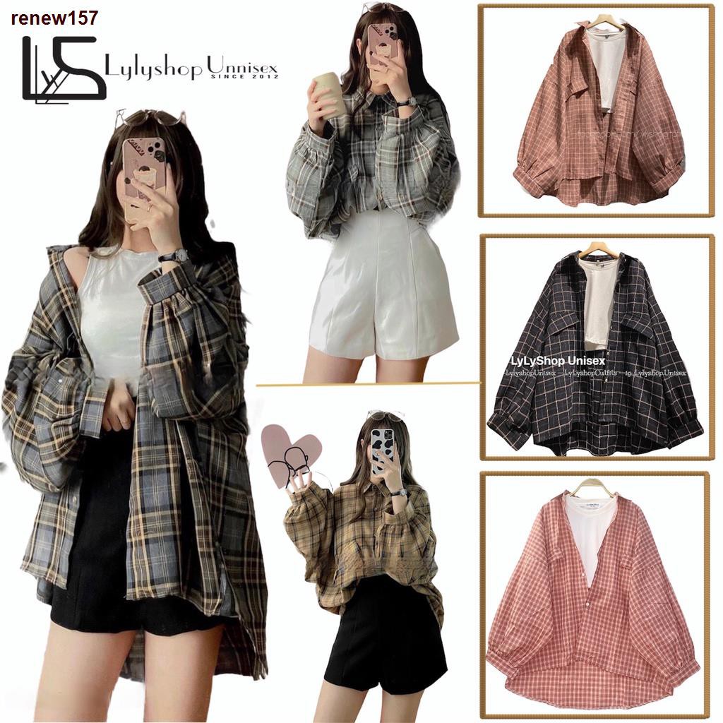 ﺴrenew157Áo sơ mi nữ LylyshopUnisex M01, kiểu áo sơ mi form rộng tay phồng kẻ sọc caro nhiều màu phong cách cá tính chất