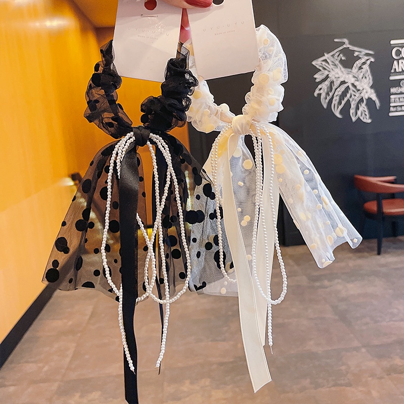 Dây Buộc Tóc Thắt Nơ Ruy Băng Đính Hạt Ngọc Trai Tua Rua