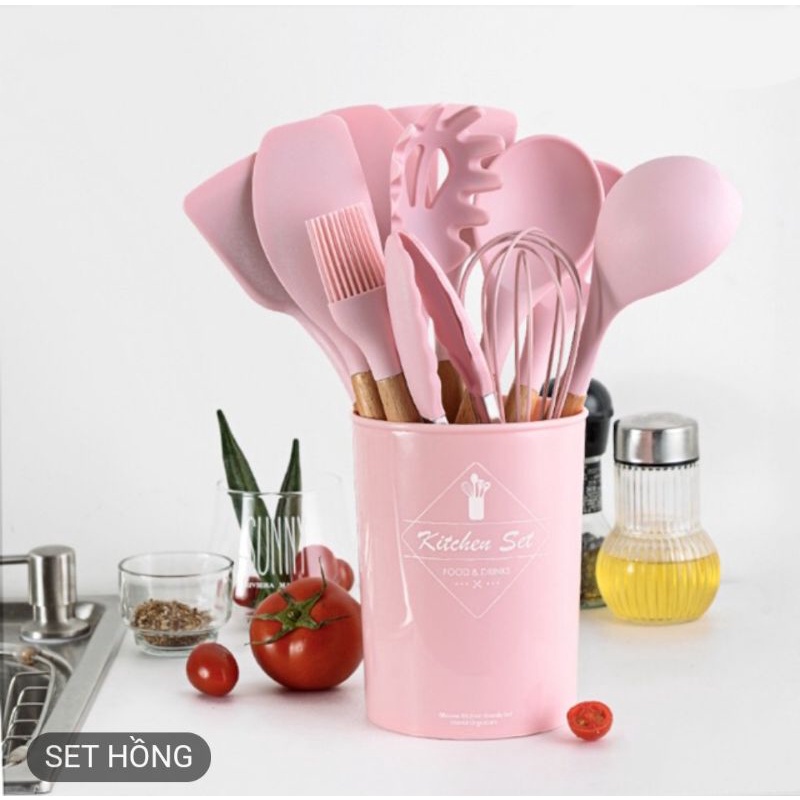 Bộ dụng cụ làm bếp 11 món kèm hộp đựng, chất liệu silicone chịu nhiệt kèm cán gỗ cao cấp