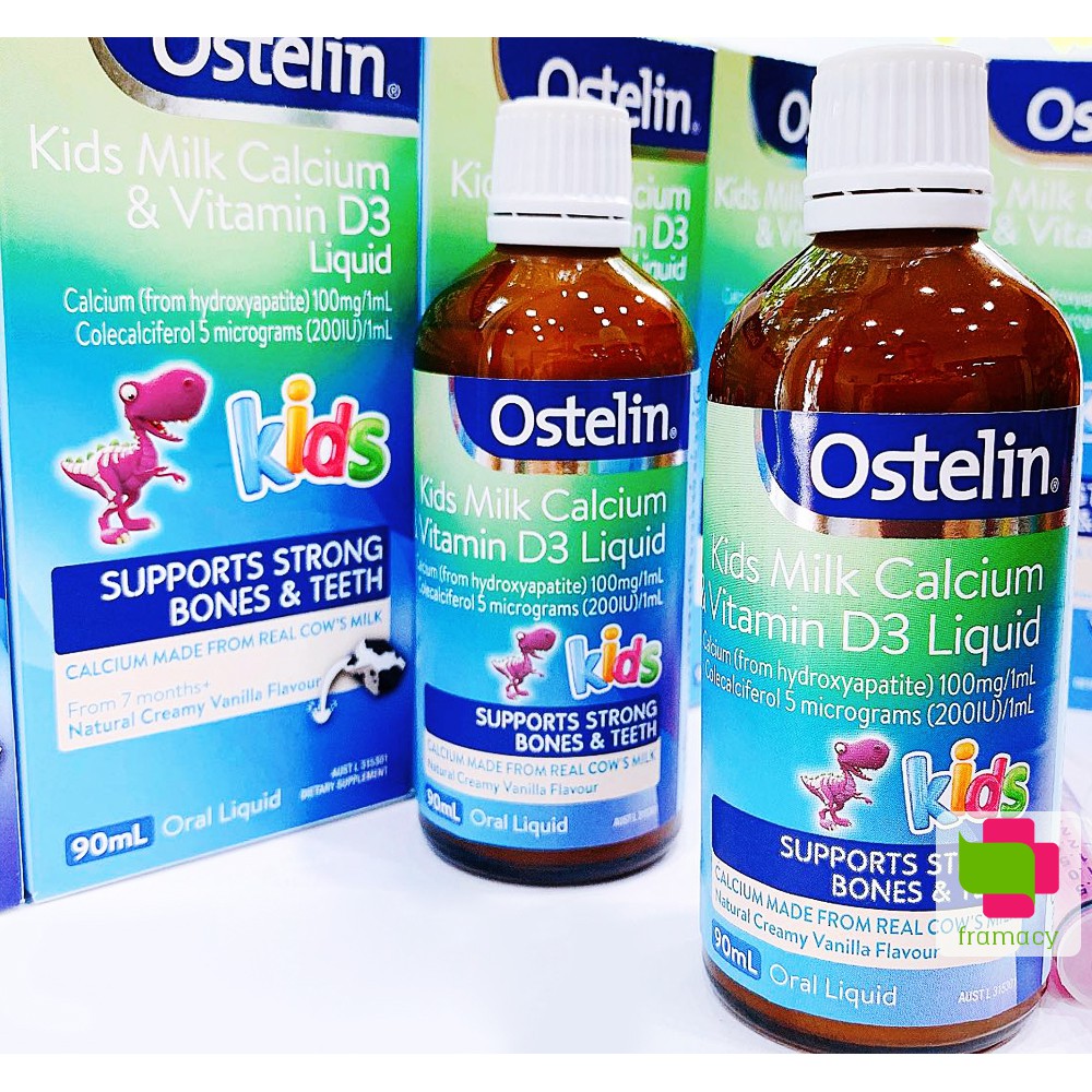Canxi Nước Khủng Long Ostelin Kids Milk Calcium & D3 Liquid Úc (90ml)  Cho Trẻ Từ 7 Tháng Tuổi