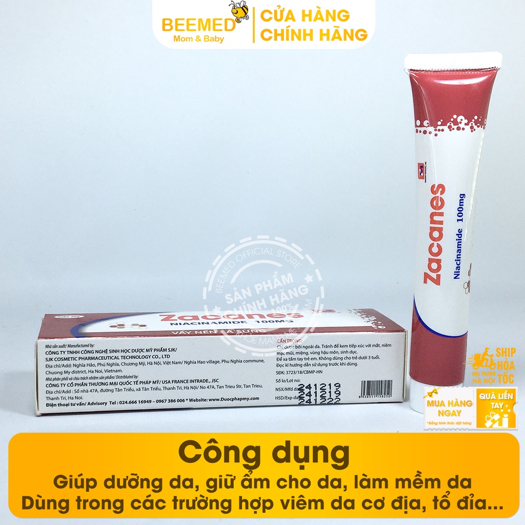 Kem giảm vẩy nến, tổ đỉa, á sừng, Zacanes từ chất Niacinamide, có thêm nano bạc, kẽm Oxyd và Vitamin E tuýp 20g