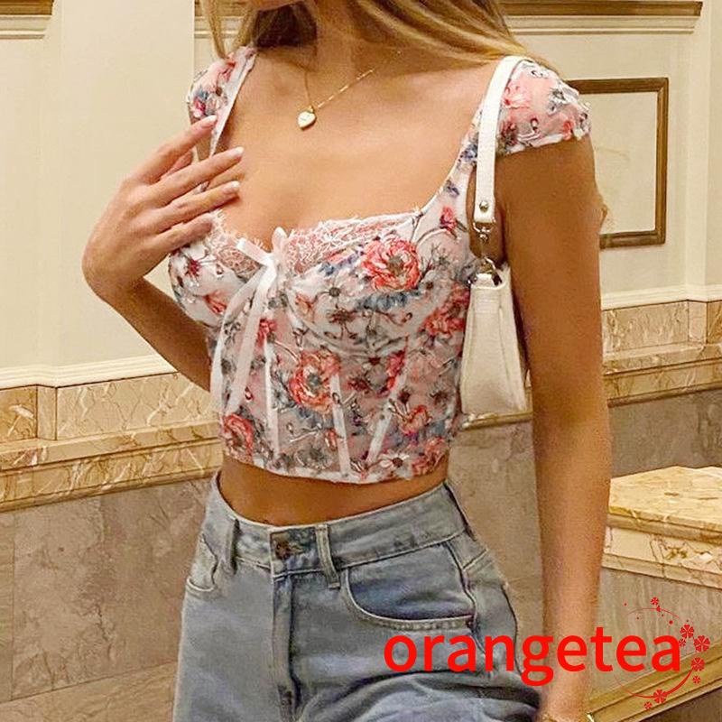 Áo Hai Dây Cổ Chữ V Phối Ren Lưới In Họa Tiết Hoa Sáng Tạo Thời Trang Mùa Hè Cho Nữ