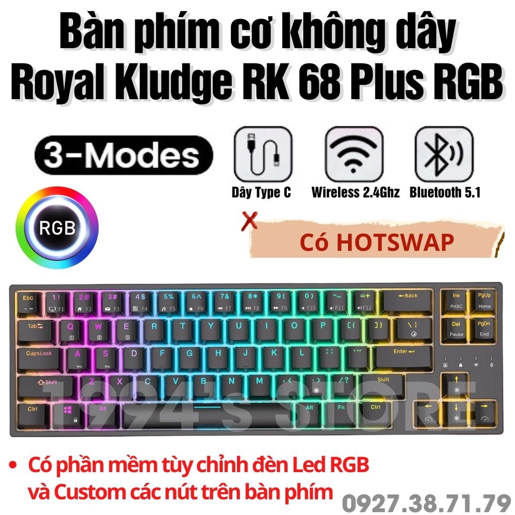 RK68 Plus/RK871 VERSION 4.0 HOTSWAP - Bàn phím cơ không dây - Bluetooth 5.1 - Wireless 2.4G - Type C - Phần mềm Macro