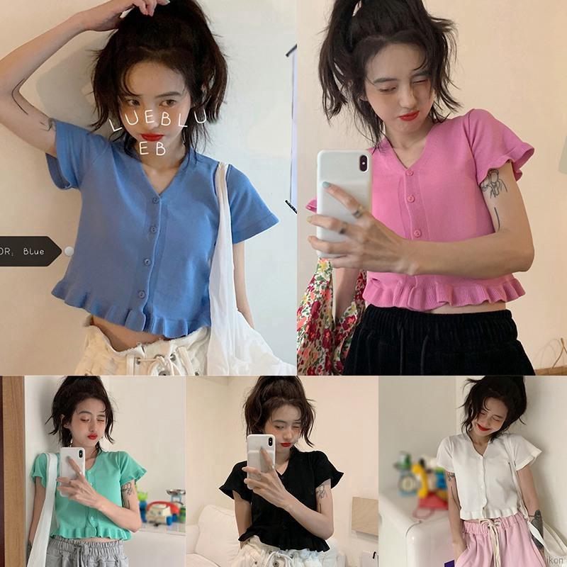 Áo ngắn tay dệt kim cổ chữ V có nếp gấp lộ rốn cho nữ