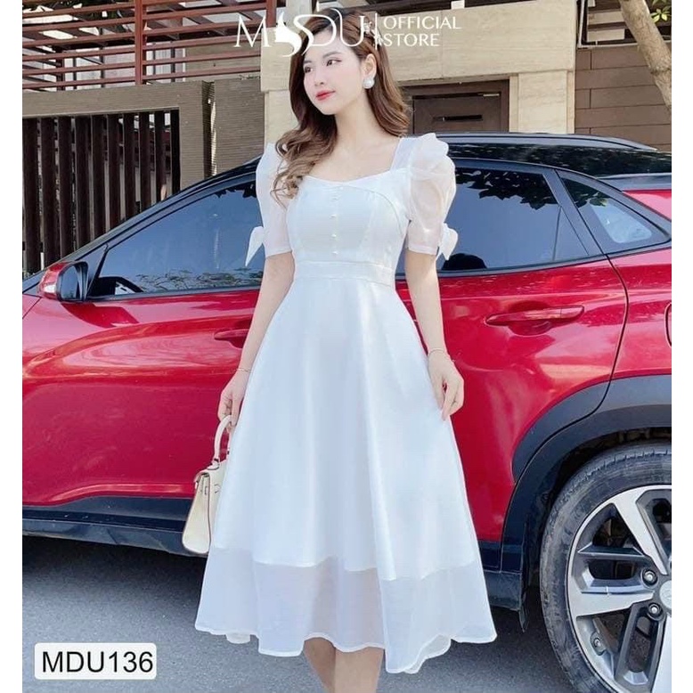 Váy đầm nữ voan 2 lớp tay nơ đính cườm mặc đi chơi dự tiệc quá xinh