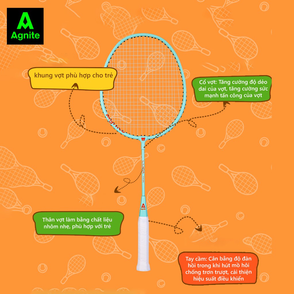 Bộ 2 vợt cầu lông TRẺ EM - HỌC SINH cao cấp Agnite chính hãng, nhẹ, bền, đẹp - tặng kèm hộp cầu -  F2125