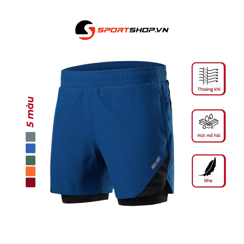 Quần chạy bộ nam 2 lớp (boxer), 4 túi ARSUXEO MS04, quần thể thao siêu tiện lợi màu sắc rực rỡ, có chỗ dắt áo