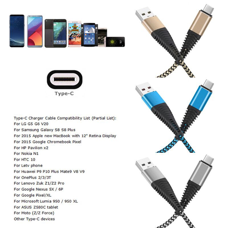 Dây Cáp Sạc Usb Loại C 1m 2m 3m Cho Samsung Note 9 / 8 S8 S9 Plus Xiaomi Mi 5 / 6 / 8 Huawei P10 P20 Mate 20 10 Oneplus 5 6