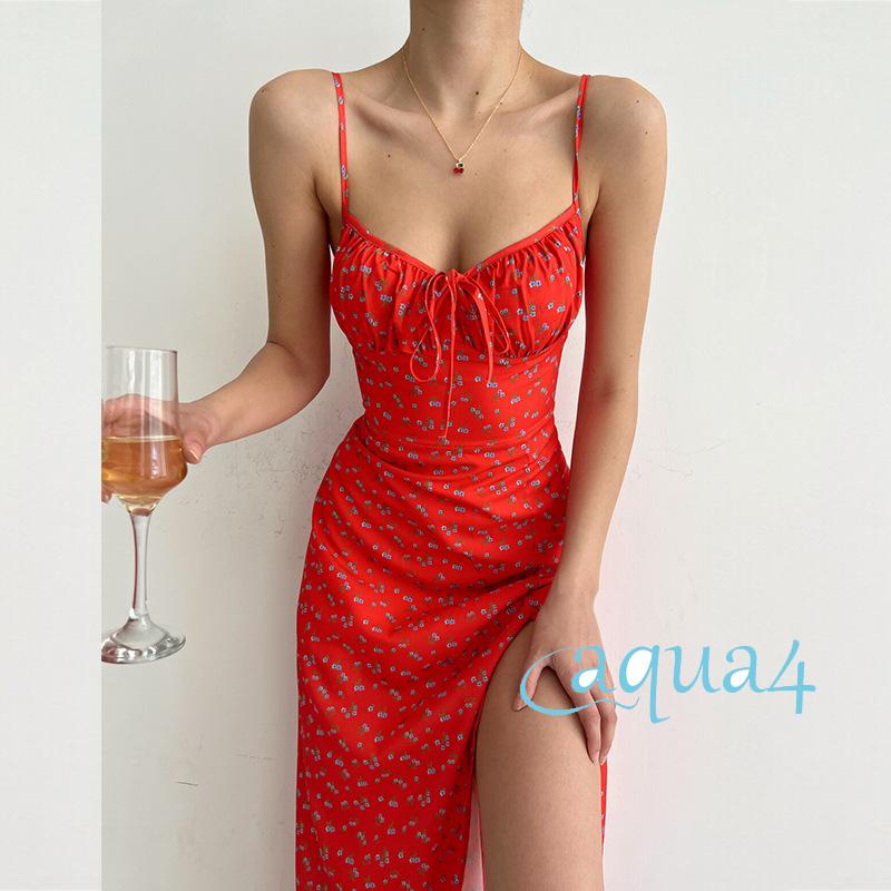 Đầm Dài Hai Dây Dáng Ôm Xẻ Tà In Họa Tiết Hoa Thời Trang Mùa Hè Cho Nữ