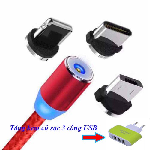 Cáp sạc từ hít nam châm 3 đầu xoay 360 độ+ tặng củ sạc