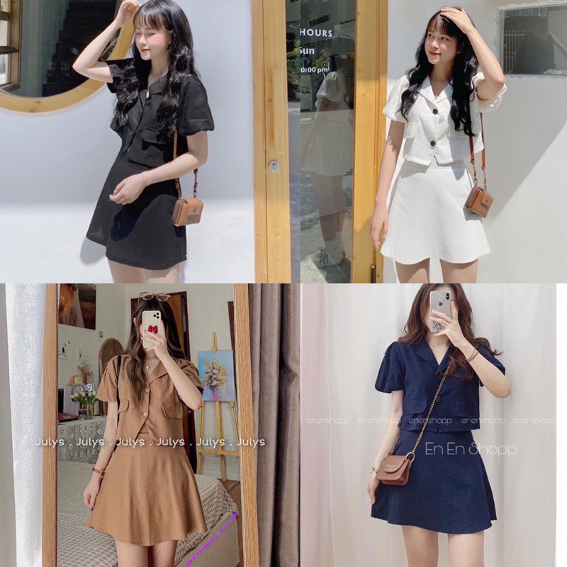 SET ĐŨI CROPTOP TAY BỒNG & CHÂN VÁY CHỮ A (ảnh thật/video)