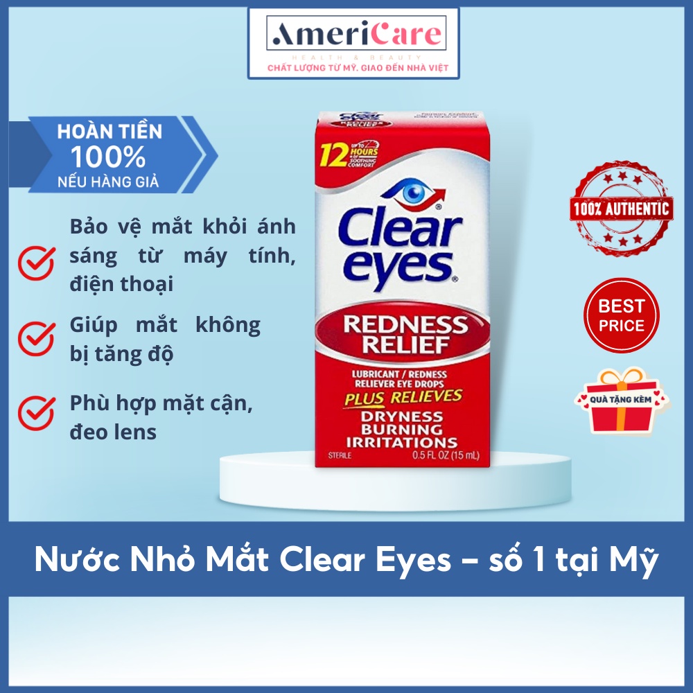 [Bill Mỹ- HSD 5/2023] Nước Nhỏ Mắt Clear Eyes Redness Relief - Nhỏ mắt cận, lens - Giảm Đỏ Mắt, Mỏi Mắt