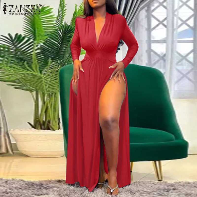 Đầm maxi ZANZEA cổ v tay dài xẻ tà ôm eo thời trang nữ