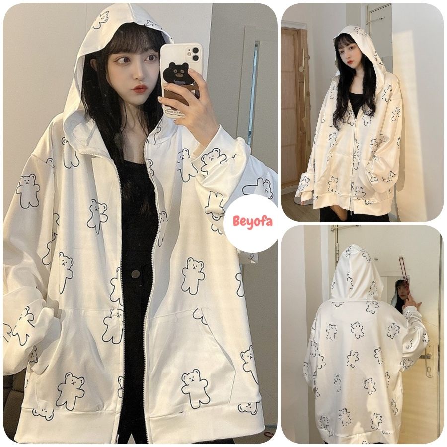Áo Khoác Hoodie Nữ Hình Gấu Trắng Form Rộng Ulzzang - Áo Khoác Nỉ Dáng Rộng Unisex Hàn Quốc