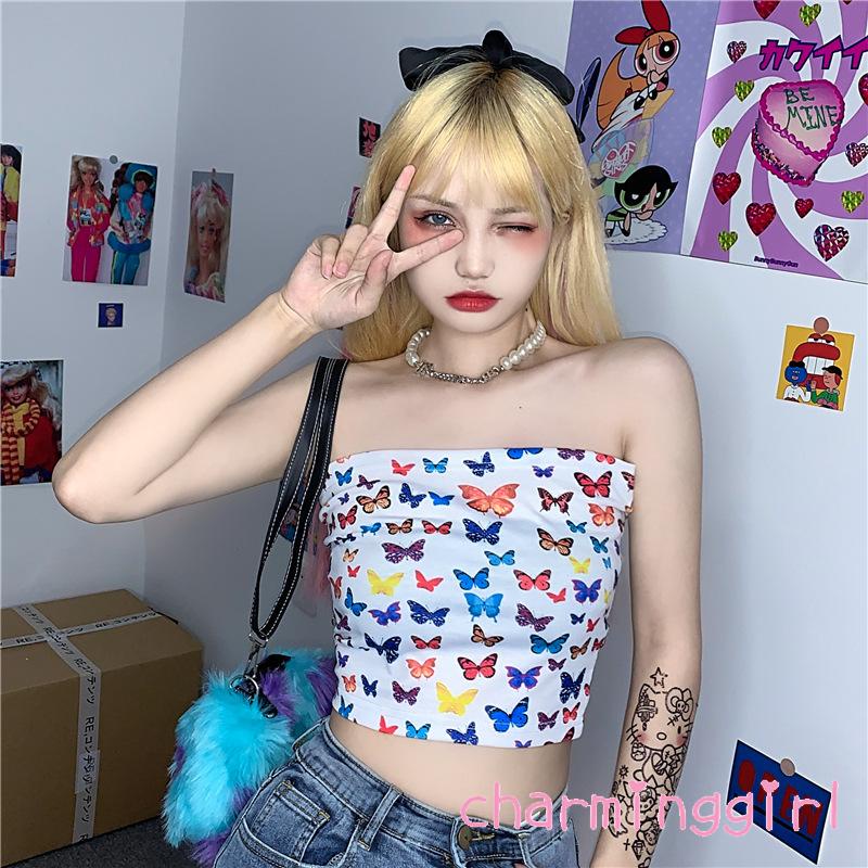 Áo Croptop Không Tay Hở Vai In Hình Bướm Thời Trang Cho Nữ