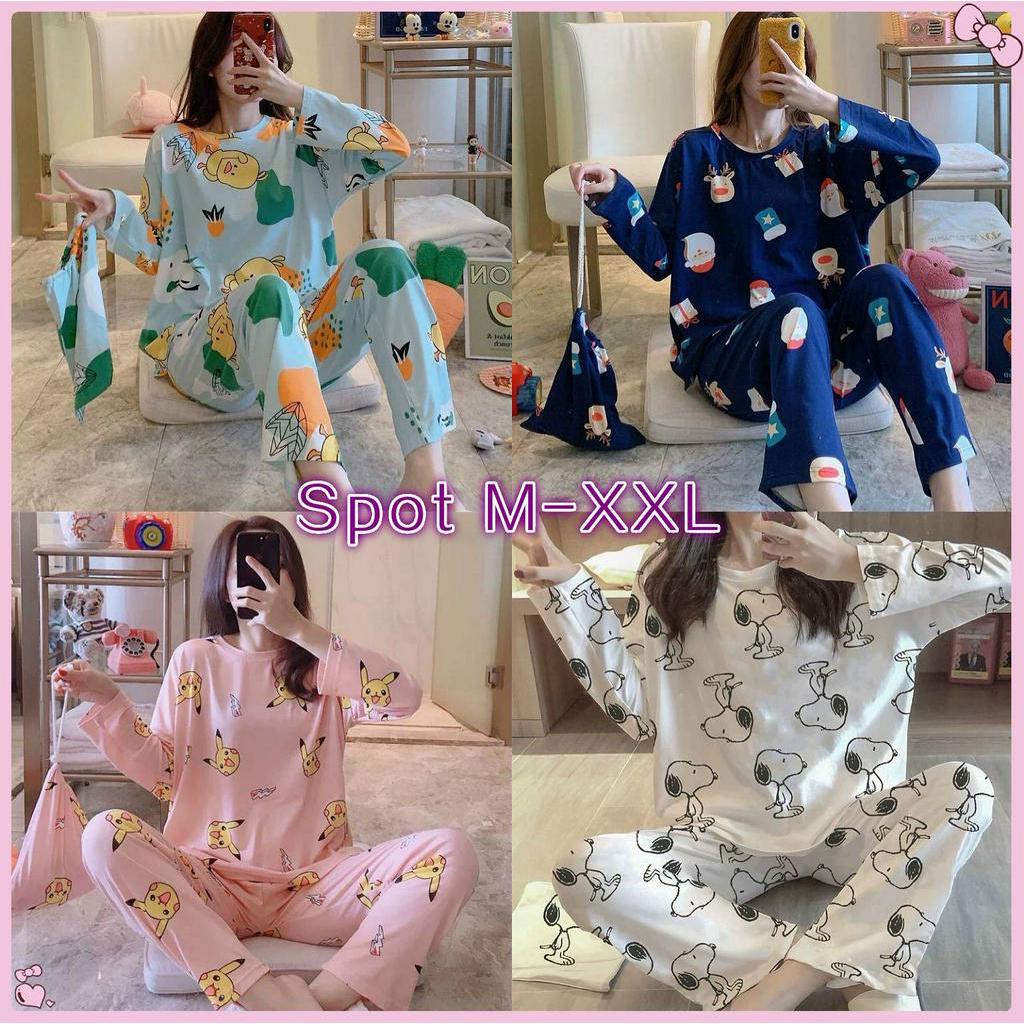 Set Pijama Áo Dài Tay + Quần Dài Thời Trang Theo Phong Cách Hàn Quốc Cho Nữ