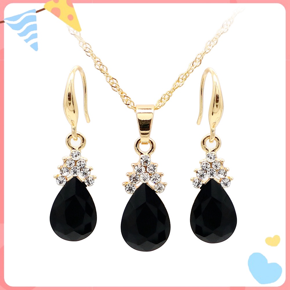 Bộ Vòng cổ + Bông Tai Hình Giọt Nước Đính Đá Phong Cách Cổ Điển