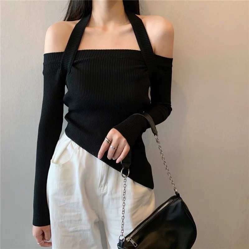 áo len dệt kim trễ vai dáng lệch vạt mix dây choàng cổ sexy (Q021#)