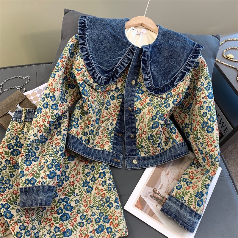 Set Áo Cổ Búp Bê + Chân Váy Denim In Hoa Thời Trang Mùa Thu Phong Cách Mới Cho Nữ